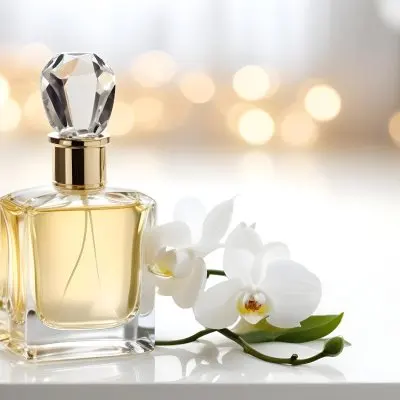 A Perfume Bottle With A Crystal Cap And A White Orchid Flower On A White Surface With A Blurred Background Of Lights 27 6d0e
