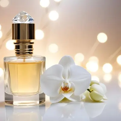 A Perfume Bottle With A Crystal Cap And A White Orchid Flower On A White Surface With A Blurred Background Of Lights 30 A53f