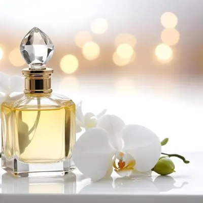 A Perfume Bottle With A Crystal Cap And A White Orchid Flower On A White Surface With A Blurred Background Of Lights 33 Ffef