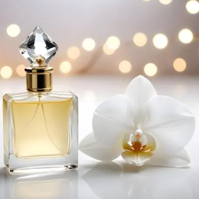 A Perfume Bottle With A Crystal Cap And A White Orchid Flower On A White Surface With A Blurred Background Of Lights 4 962d
