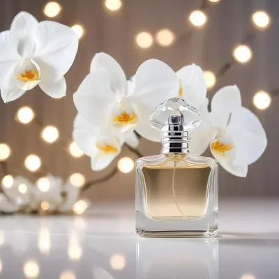 A Perfume Bottle With A Crystal Cap And A White Orchid Flower On A White Surface With A Blurred Background Of Lights 6 E01a