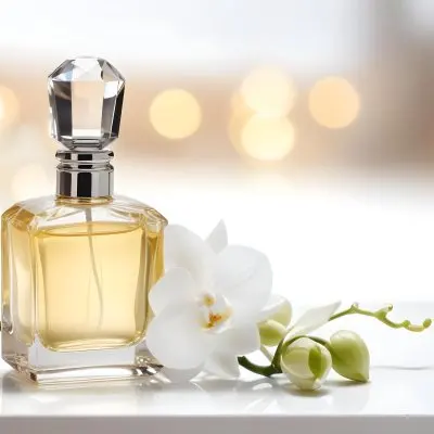 A Perfume Bottle With A Crystal Cap And A White Orchid Flower On A White Surface With A Blurred Background Of Lights 7 3ca1