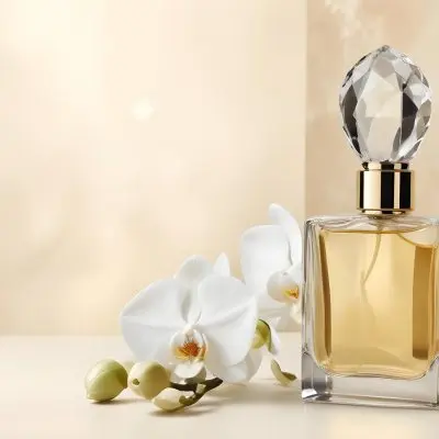 A Perfume Bottle With A Crystal Cap Next To A White Orchid Flower The Background Is A Soft Beige Color With Subtle Lighting 13 Fc34