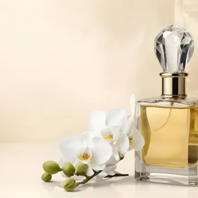 A Perfume Bottle With A Crystal Cap Next To A White Orchid Flower The Background Is A Soft Beige Color With Subtle Lighting 20 2cef