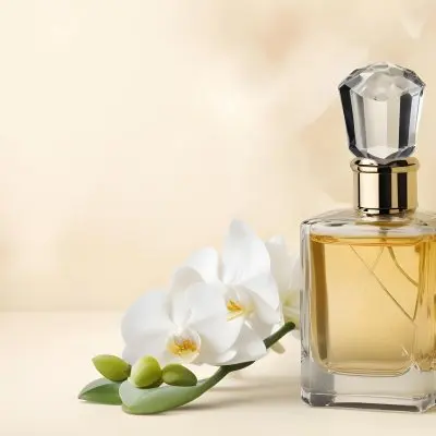 A Perfume Bottle With A Crystal Cap Next To A White Orchid Flower The Background Is A Soft Beige Color With Subtle Lighting 31 94cc