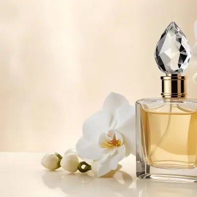 A Perfume Bottle With A Crystal Cap Next To A White Orchid Flower The Background Is A Soft Beige Color With Subtle Lighting 34 93a9