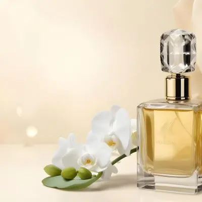 A Perfume Bottle With A Crystal Cap Next To A White Orchid Flower The Background Is A Soft Beige Color With Subtle Lighting 38 Ed07