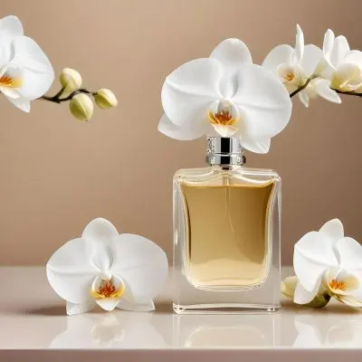 A Perfume Bottle With A Crystal Cap Next To A White Orchid Flower The Background Is A Soft Beige Color With Subtle Lighting 4 Bcae