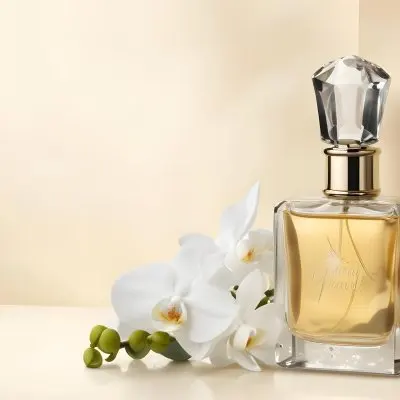 A Perfume Bottle With A Crystal Cap Next To A White Orchid Flower The Background Is A Soft Beige Color With Subtle Lighting 43 2163