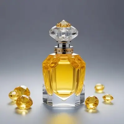 A Perfume Bottle With A Diamond Shaped Cap Filled With Yellow Liquid Surrounded By Small Yellow Gems On A Yellow Background 42 B2fc