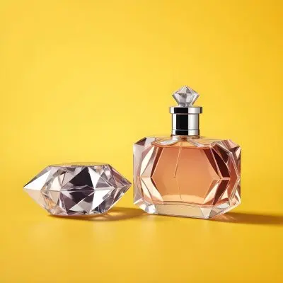 A Perfume Bottle With A Diamond Shaped Cap Next To It On A Yellow Background 15 Be99
