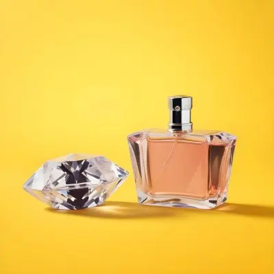 A Perfume Bottle With A Diamond Shaped Cap Next To It On A Yellow Background 19 B60b