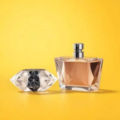A Perfume Bottle With A Diamond Shaped Cap Next To It On A Yellow Background 37 E399