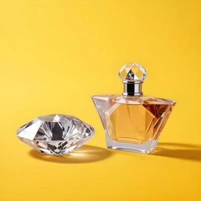 A Perfume Bottle With A Diamond Shaped Cap Next To It On A Yellow Background 46 42b4