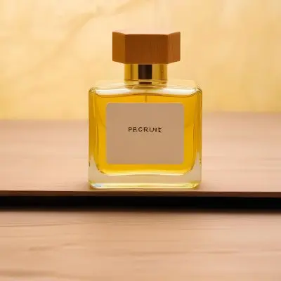 A Perfume Bottle With A Golden Cap And A Blank Label The Bottle Is Filled With A Yellow Liquid Wooden Background 1 0460