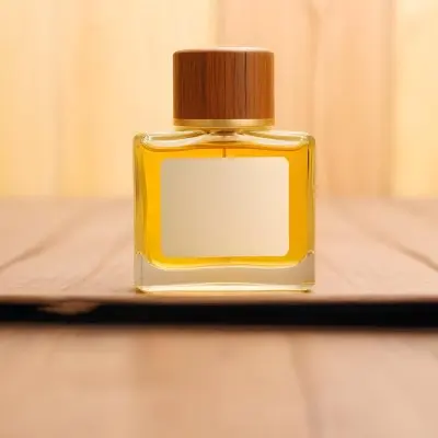 A Perfume Bottle With A Golden Cap And A Blank Label The Bottle Is Filled With A Yellow Liquid Wooden Background 42 8077