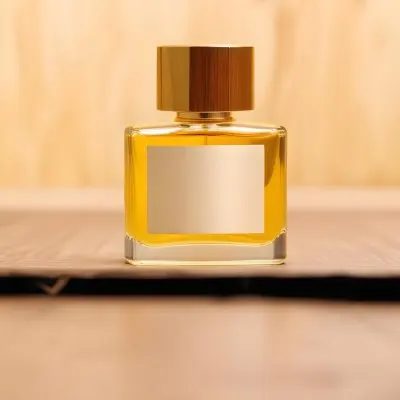 A Perfume Bottle With A Golden Cap And A Blank Label The Bottle Is Filled With A Yellow Liquid Wooden Background 8 6b2e