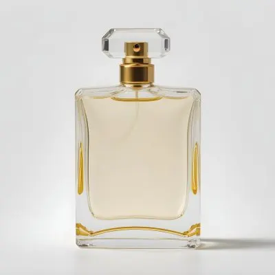 A Perfume Bottle With A Golden Cap And A Clear Glass Body Filled With A Clear Liquid On A White Background 1 2fde