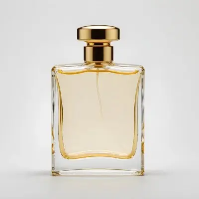 A Perfume Bottle With A Golden Cap And A Clear Glass Body Filled With A Clear Liquid On A White Background 10 957f