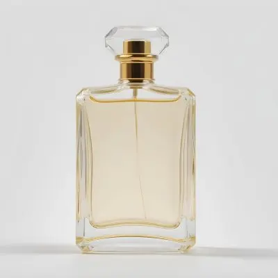 A Perfume Bottle With A Golden Cap And A Clear Glass Body Filled With A Clear Liquid On A White Background 19 2e28