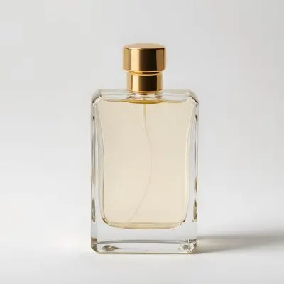 A Perfume Bottle With A Golden Cap And A Clear Glass Body Filled With A Clear Liquid On A White Background 23 0772