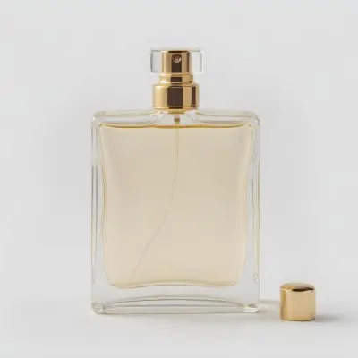 A Perfume Bottle With A Golden Cap And A Clear Glass Body Filled With A Clear Liquid On A White Background 3 D146
