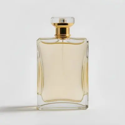 A Perfume Bottle With A Golden Cap And A Clear Glass Body Filled With A Clear Liquid On A White Background 32 0f21
