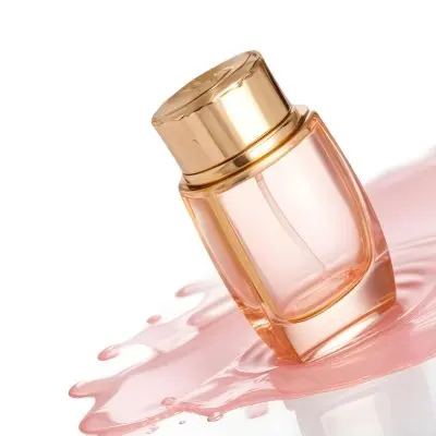 A Perfume Bottle With A Golden Cap And A Golden Spray Nozzle Clear Glass And A Light Pink Liquid Inside Isolated On A White Background 22 6525