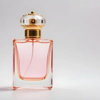 A Perfume Bottle With A Golden Cap And A Golden Spray Nozzle Clear Glass And A Light Pink Liquid Inside Isolated On A White Background 4 0877