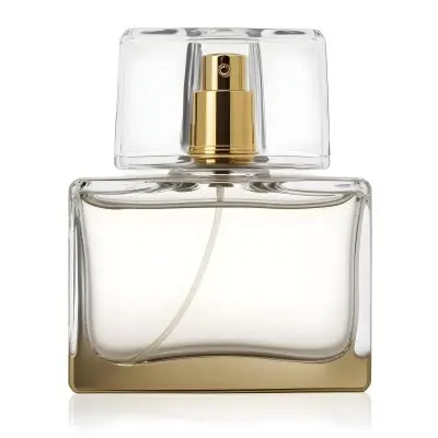 A Perfume Bottle With A Golden Cap And A White Sprayer On A White Background 28 29b8