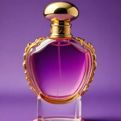 A Perfume Bottle With A Golden Cap And Pink Liquid Inside On A Purple Background 1 Ec17