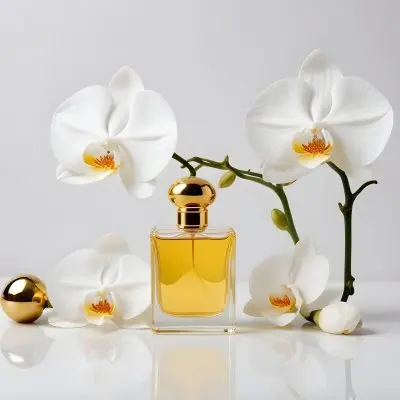 A Perfume Bottle With A Golden Cap Filled With Golden Liquid Next To A White Orchid On A White Background 37 56ca