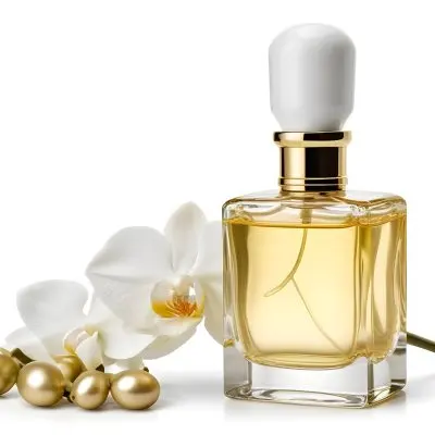 A Perfume Bottle With A Golden Cap Filled With Golden Liquid Next To A White Orchid On A White Background 41 648c