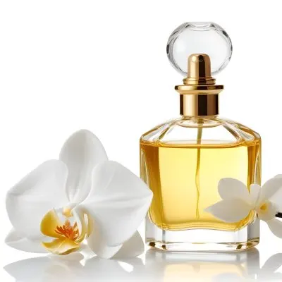 A Perfume Bottle With A Golden Cap Filled With Golden Liquid Next To A White Orchid On A White Background 57 70cb