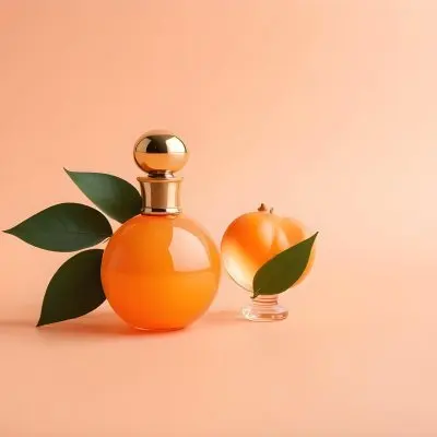 A Perfume Bottle With A Golden Cap Next To A Tangerine With Green Leaves On A Peach Background 18 7ead