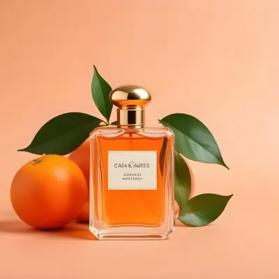 A Perfume Bottle With A Golden Cap Next To A Tangerine With Green Leaves On A Peach Background 25 9d3f