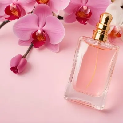 A Perfume Bottle With A Golden Cap Next To Pink Orchids On A Pink Background Soft Lighting Minimalist Composition Elegant Beauty Product Feminine 23 76cd