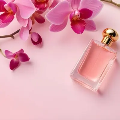 A Perfume Bottle With A Golden Cap Next To Pink Orchids On A Pink Background Soft Lighting Minimalist Composition Elegant Beauty Product Feminine 46 885a