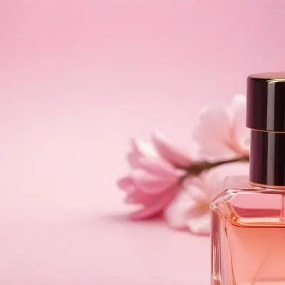 A Perfume Bottle With A Golden Cap Pink Liquid Inside Blurred Pink Flowers In The Background 48 75f7