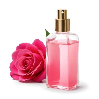 A Perfume Bottle With A Golden Cap Pink Liquid Inside Blurred Pink Flowers In The Background 6 09b9
