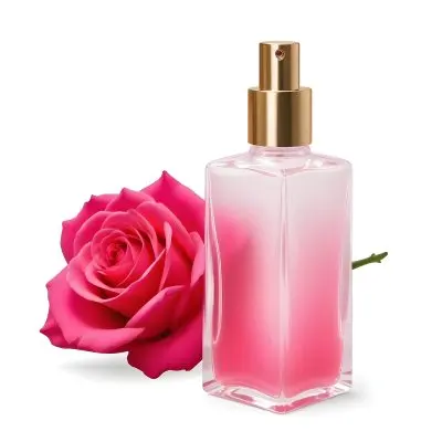 A Perfume Bottle With A Golden Cap Pink Liquid Inside Blurred Pink Flowers In The Background 74 Caaa