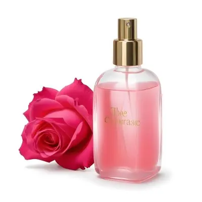 A Perfume Bottle With A Golden Cap Pink Liquid Inside Blurred Pink Flowers In The Background 83 D38e