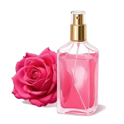 A Perfume Bottle With A Golden Cap Pink Liquid Inside Blurred Pink Flowers In The Background 88 2956