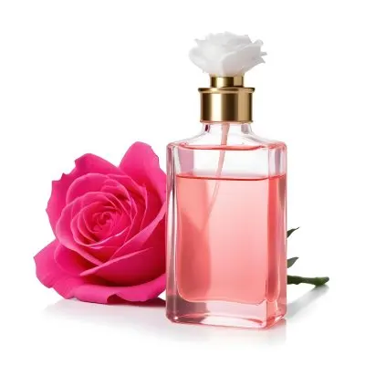 A Perfume Bottle With A Golden Cap Pink Liquid Inside Blurred Pink Flowers In The Background 96 5cd6
