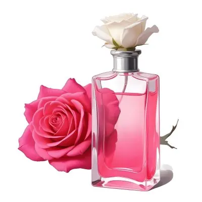 A Perfume Bottle With A Golden Cap Pink Liquid Inside Blurred Pink Flowers In The Background 99 Ffe9