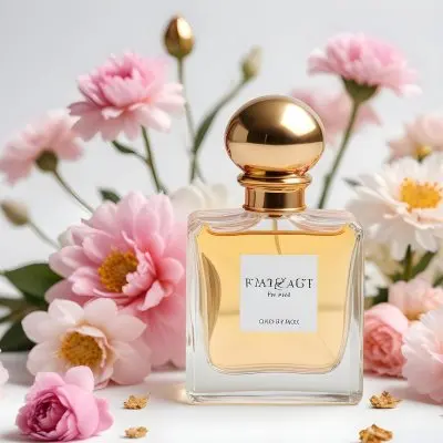 A Perfume Bottle With A Golden Cap Surrounded By Pink And White Flowers On A White Background 3 C9e5