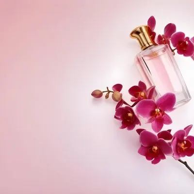 A Perfume Bottle With A Golden Cap Surrounded By Pink Orchid Flowers Placed On A Light Pink Background Product Photography 4 5bfa