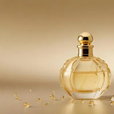 A Perfume Bottle With A Golden Cap Water Drops On The Surface The Liquid Inside Is A Light Yellow Color Plain Background 10 8eeb