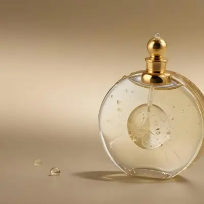 A Perfume Bottle With A Golden Cap Water Drops On The Surface The Liquid Inside Is A Light Yellow Color Plain Background 13 F1d2
