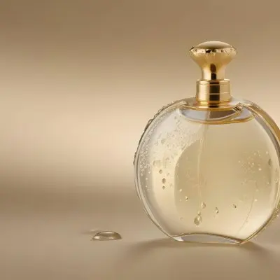 A Perfume Bottle With A Golden Cap Water Drops On The Surface The Liquid Inside Is A Light Yellow Color Plain Background 15 2447
